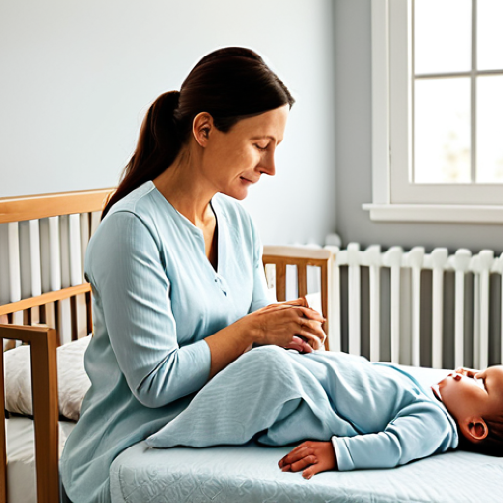A gentle and compassionate mother, dressed in modest, comfortable home attire, softly observing her sleeping infant in a peaceful, sunlit nursery. The baby is fully clothed in a clean, light-colored sleepsuit, resting serenely in a crib. The room is tidy with soft, natural light, creating a calm and reassuring atmosphere. The mother's expression conveys deep care and quiet observation. safe for work, appropriate content, fully clothed, family-friendly, perfect anatomy, correct proportions, natural pose, well-formed hands, proper finger count, natural body proportions, professional photography, high quality, ultra detailed, realistic.