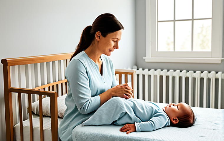 A gentle and compassionate mother, dressed in modest, comfortable home attire, softly observing her sleeping infant in a peaceful, sunlit nursery. The baby is fully clothed in a clean, light-colored sleepsuit, resting serenely in a crib. The room is tidy with soft, natural light, creating a calm and reassuring atmosphere. The mother's expression conveys deep care and quiet observation. safe for work, appropriate content, fully clothed, family-friendly, perfect anatomy, correct proportions, natural pose, well-formed hands, proper finger count, natural body proportions, professional photography, high quality, ultra detailed, realistic.