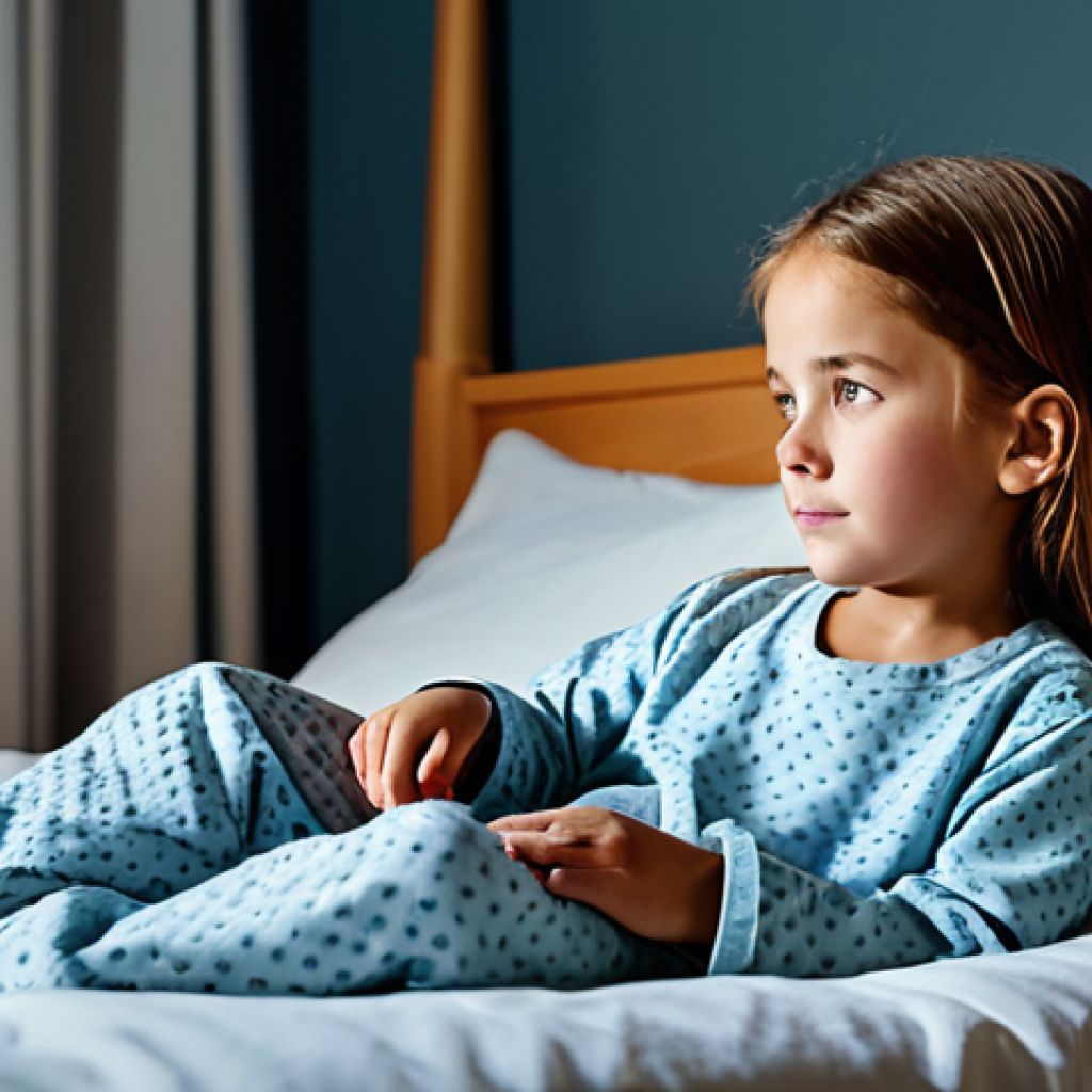 A serene scene featuring a young child, approximately 5 years old, resting comfortably in a soft, modest pajama set in their cozy bedroom at night. A caring parent, fully clothed in appropriate, modest home attire, sits gently by the bedside, attentively observing the child with a look of peaceful concern. The room is softly lit, creating a warm, comforting atmosphere. Professional photography, high quality, perfect anatomy, correct proportions, natural pose, well-formed hands, proper finger count, natural body proportions, family-friendly, safe for work, appropriate content.