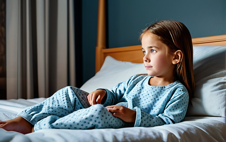 A serene scene featuring a young child, approximately 5 years old, resting comfortably in a soft, modest pajama set in their cozy bedroom at night. A caring parent, fully clothed in appropriate, modest home attire, sits gently by the bedside, attentively observing the child with a look of peaceful concern. The room is softly lit, creating a warm, comforting atmosphere. Professional photography, high quality, perfect anatomy, correct proportions, natural pose, well-formed hands, proper finger count, natural body proportions, family-friendly, safe for work, appropriate content.