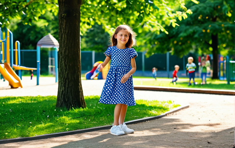 **

"A fully clothed young girl with perfect anatomy, wearing a modest, colorful dress and clean sneakers, playing in a bright and sunny park with other children. The background features a playground with safe equipment and lush green trees. Appropriate content, safe for work, professional photography, natural pose, proper finger count, well-formed hands, family-friendly scene."

**