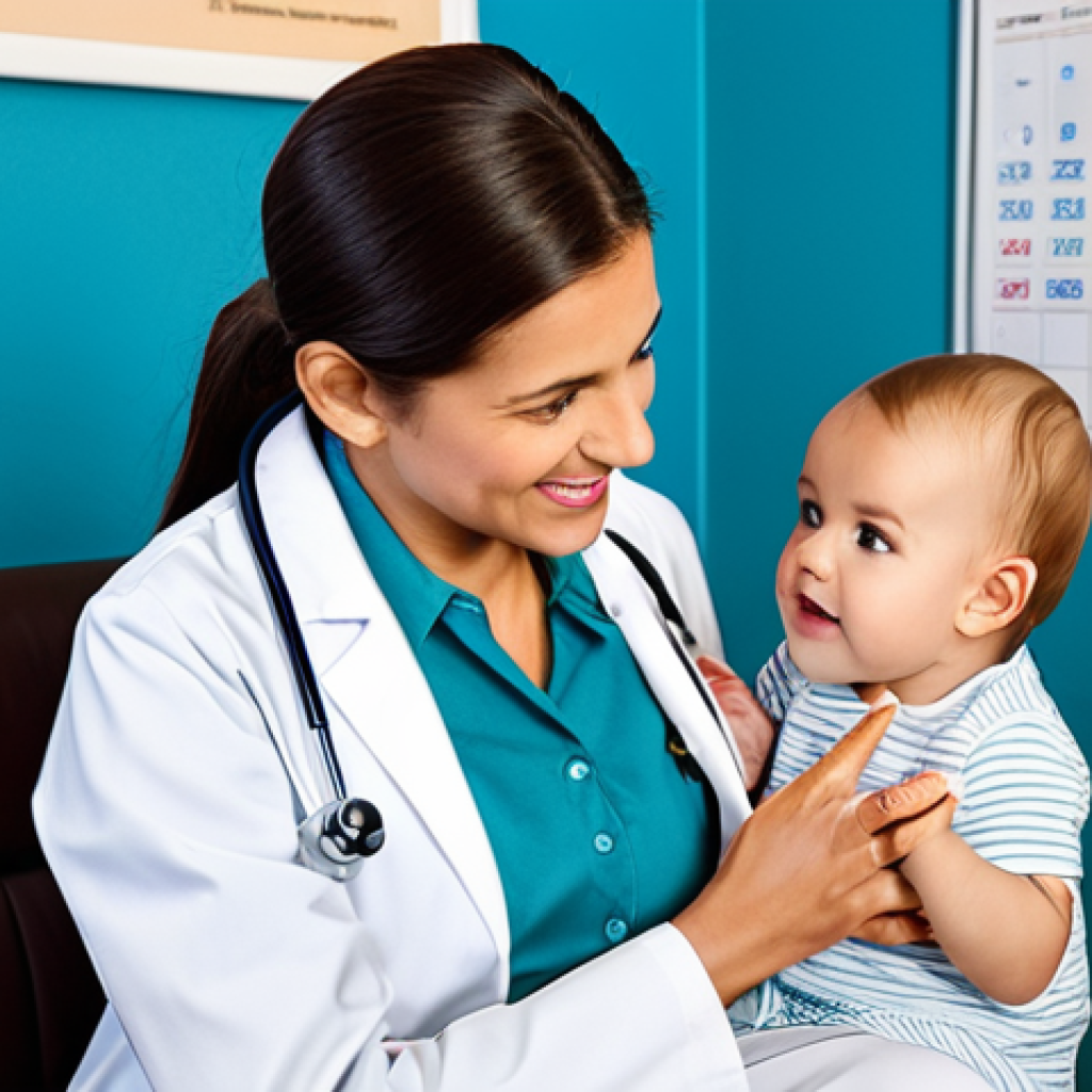 Vaccination Schedule Reminder**

A concerned but loving mother, fully clothed in modest attire, reviewing her baby's vaccination schedule in a brightly lit, clean doctor's office. The baby is healthy and happy, sitting on her lap. Focus on the vaccination record and calendar. Safe for work, appropriate content, family-friendly, professional, perfect anatomy, natural proportions.

**