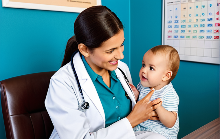 Vaccination Schedule Reminder**

A concerned but loving mother, fully clothed in modest attire, reviewing her baby's vaccination schedule in a brightly lit, clean doctor's office. The baby is healthy and happy, sitting on her lap. Focus on the vaccination record and calendar. Safe for work, appropriate content, family-friendly, professional, perfect anatomy, natural proportions.

**