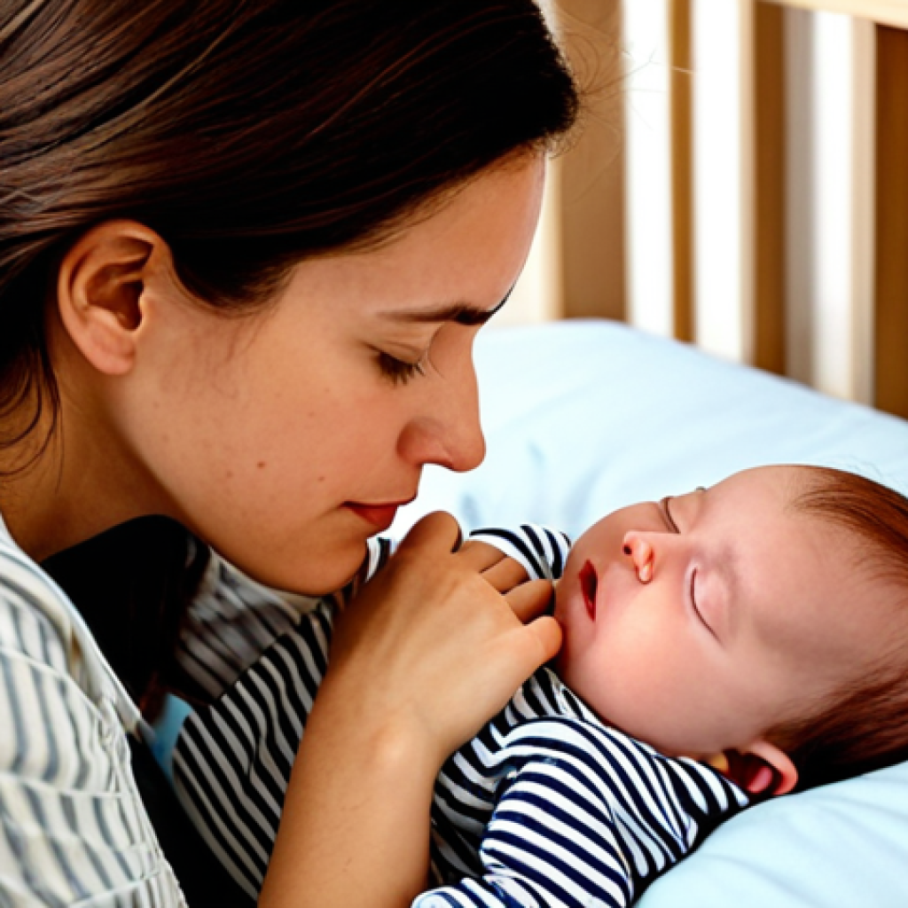 Concerned Mother Monitoring Baby's Breathing**
"A close-up shot of a young, fully clothed, attentive mother gently observing her sleeping baby in a crib, focusing on the baby's chest rising and falling; soft, natural lighting, warm color palette, safe for work, appropriate content, modest clothing on the mother, professional quality, perfect anatomy, natural proportions, family-friendly scene, emphasize the mother's gentle concern."
**