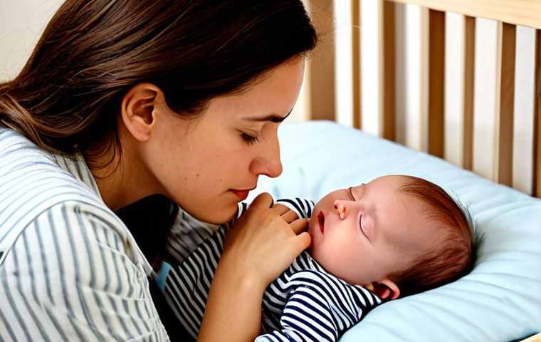 Concerned Mother Monitoring Baby's Breathing**

"A close-up shot of a young, fully clothed, attentive mother gently observing her sleeping baby in a crib, focusing on the baby's chest rising and falling; soft, natural lighting, warm color palette, safe for work, appropriate content, modest clothing on the mother, professional quality, perfect anatomy, natural proportions, family-friendly scene, emphasize the mother's gentle concern."

**