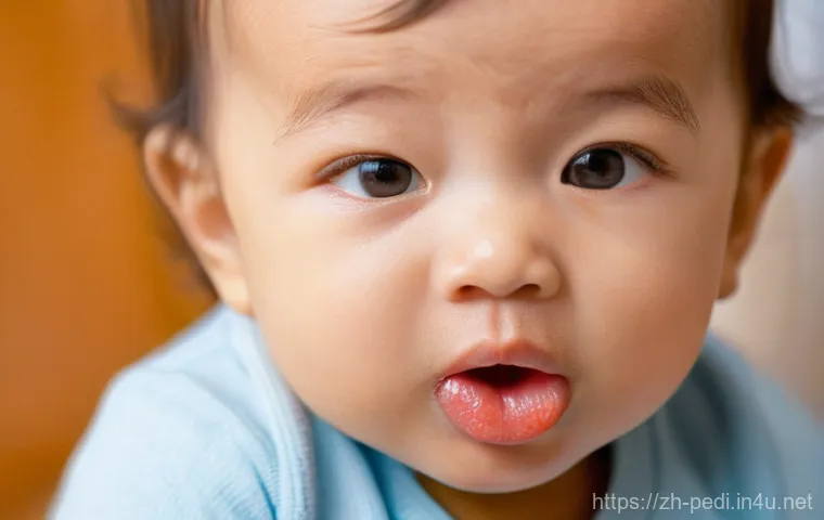소아 구내염과 헤르페스 차이 - **Prompt 1: Common Oral Ulcer in a Toddler**
A close-up, warm-toned, realistic image of a cute t...