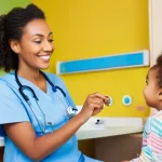 Home 14 소아과 정기 건강검진 추천 병원 - **Prompt:** A warm, brightly lit pediatrician's office during a routine check-up. A kind female pedi...