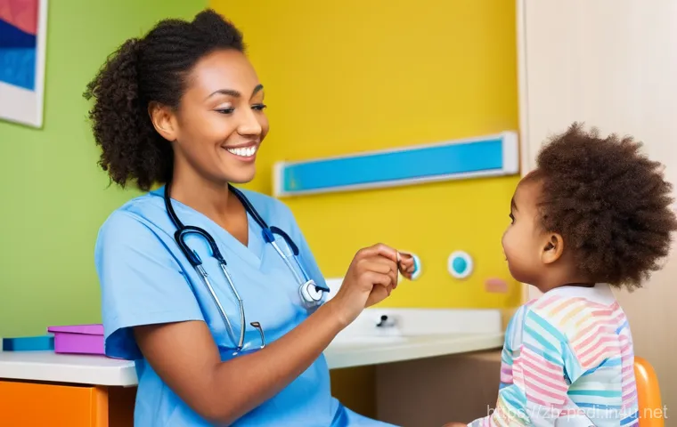 소아과 정기 건강검진 추천 병원 - **Prompt:** A warm, brightly lit pediatrician's office during a routine check-up. A kind female pedi...
